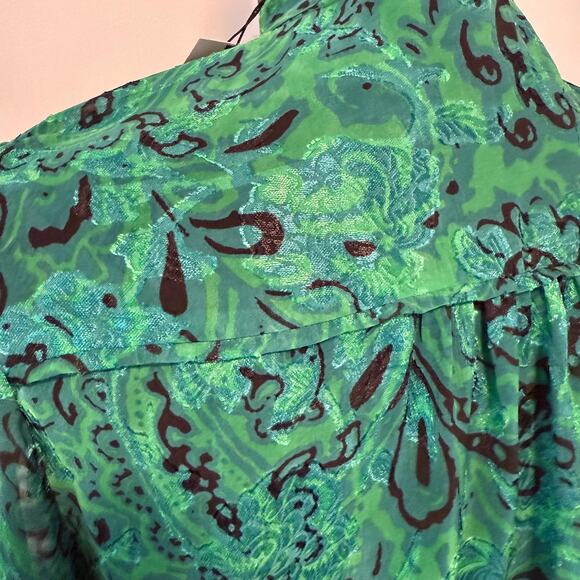 NWT Zara Green Paisley Ruffled Neck  Jacquared Long Sleeve Blouse Size XS - Picture 8 of 12